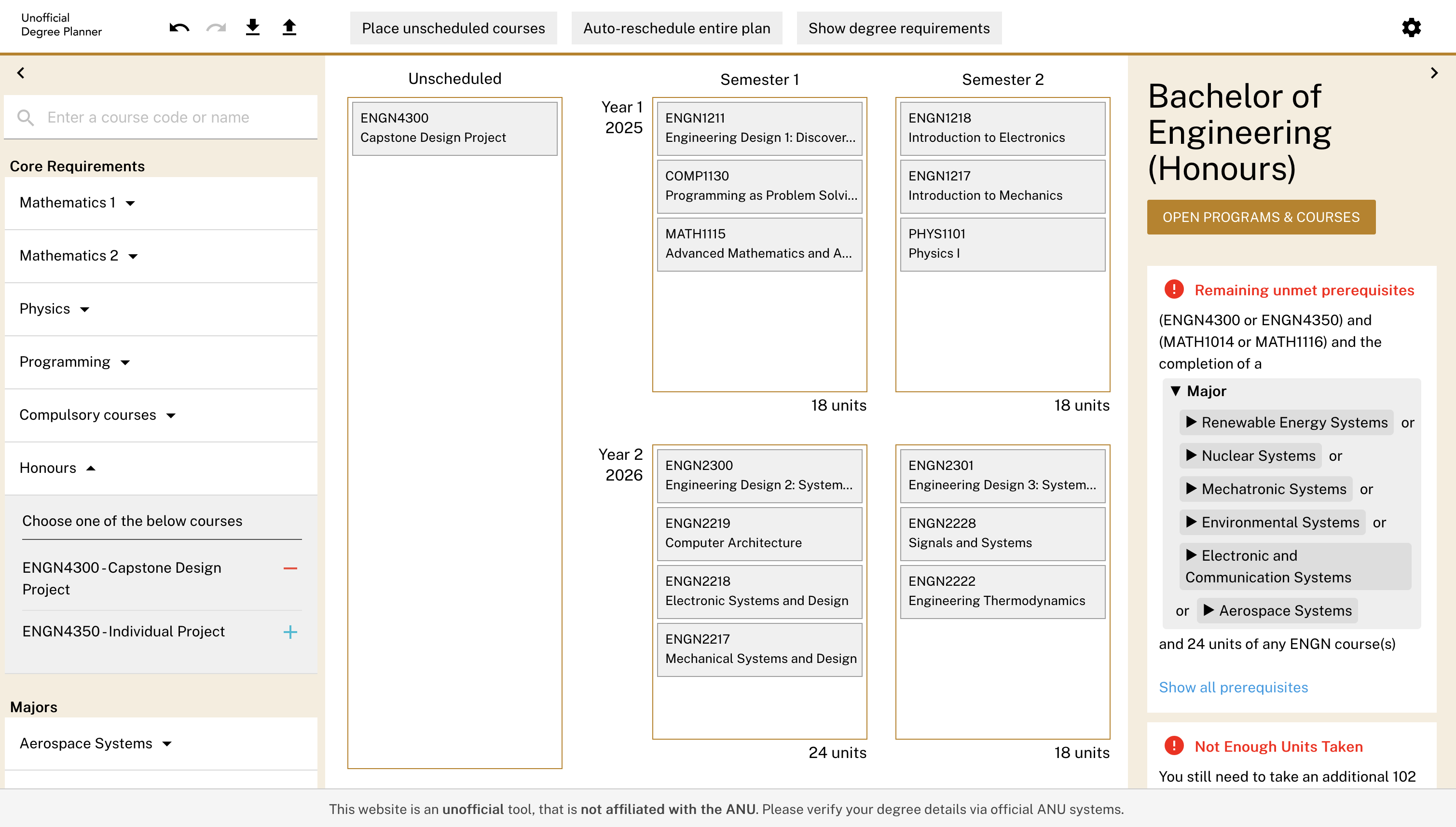 The degree planner in use